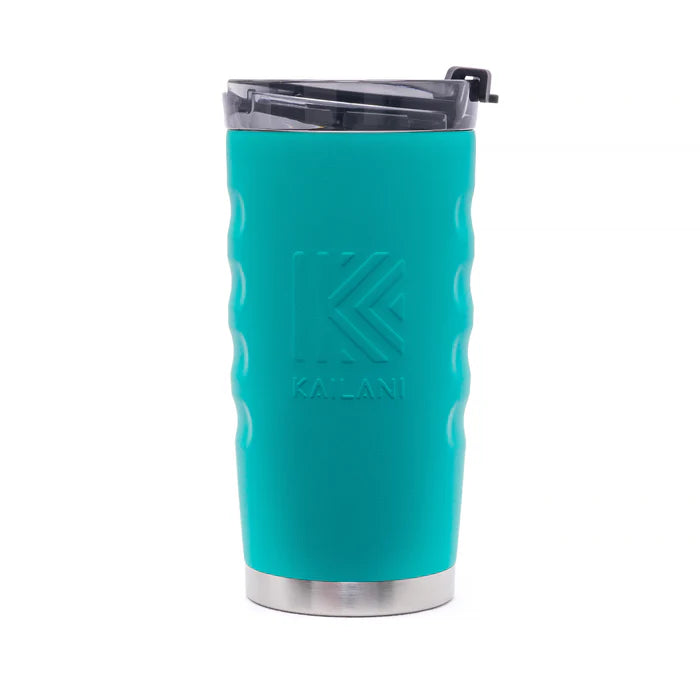 A teal insulated travel tumbler with a clear lid and a silver metal base, featuring an embossed Kailani logo on the front, set against a plain white background.