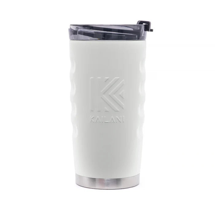 A white insulated travel tumbler with a wavy grip pattern, featuring an embossed Kailani logo on the front, a stainless steel base, and a clear lid with a black straw cover, shown on a white background.