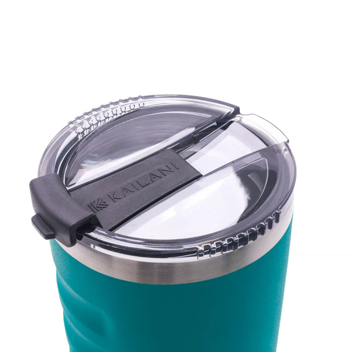 Close-up of a teal insulated tumbler with a clear lid and black flip cover, showing the KAILAN brand name on the black flap.