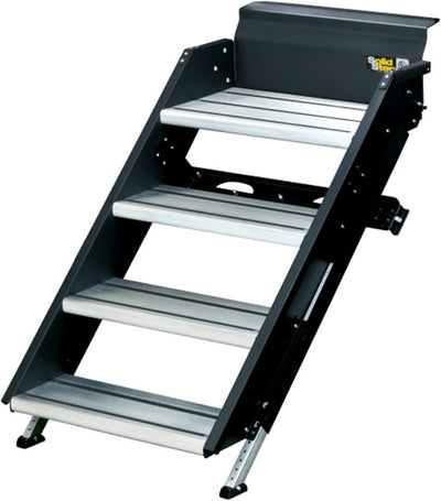 A black metal solid step with a quad step design, featuring a heavy-duty frame and a non-slip tread surface.