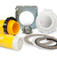 Electrical junction box components including yellow and white connectors, metal plate, and washers on a white background.