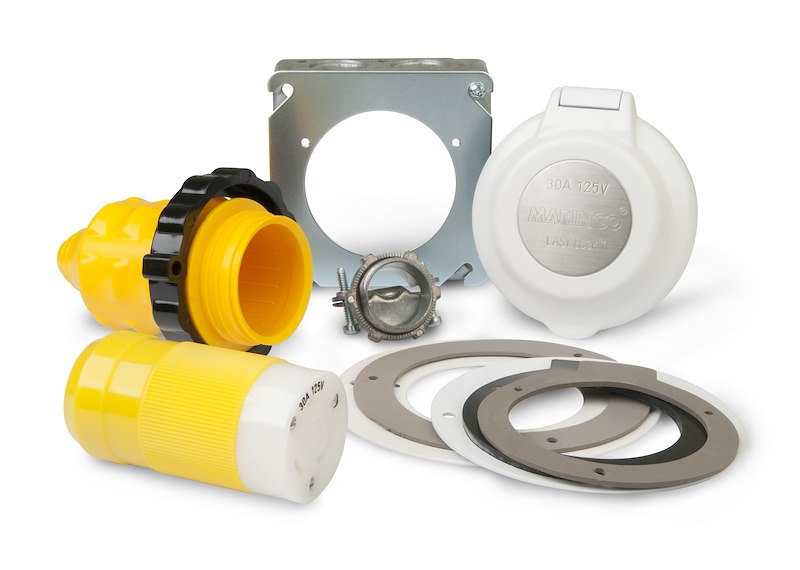 Electrical junction box components including yellow and white connectors, metal plate, and washers on a white background.