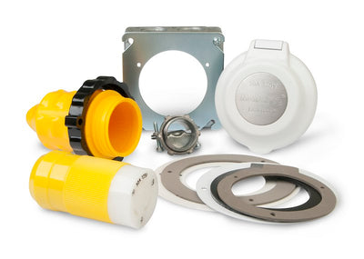 Electrical junction box components including yellow and white connectors, metal plate, and washers on a white background.