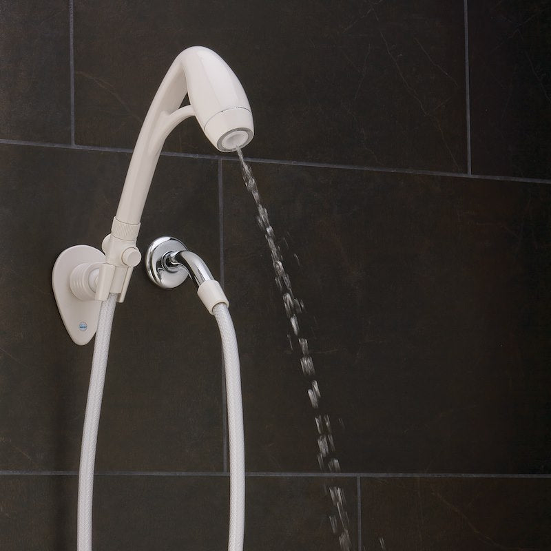 RV shower head with SmartPause shut-off valve and adjustable mount