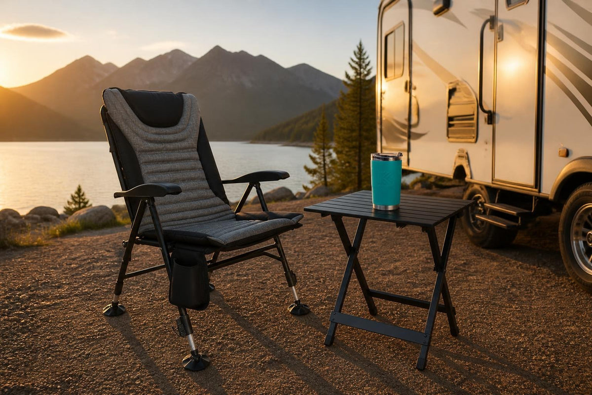 Kuma Off Grid Chair, Cub Bear Compact Folding Table, and KAILANI LANAI Tumbler arranged at a comfortable RV campsite.