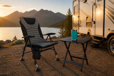 Kuma Off Grid Chair, Cub Bear Compact Folding Table, and KAILANI LANAI Tumbler arranged at a comfortable RV campsite.