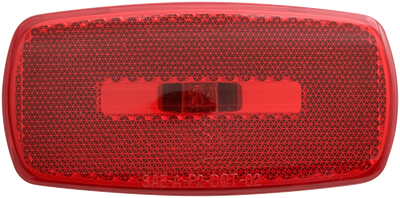 A red clearance light with a black housing and a conical lens, designed for vehicle safety and warning purposes.
