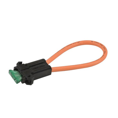 An image showing a black fuse holder with an orange wire loop, designed for 10 gauge blade fuses.