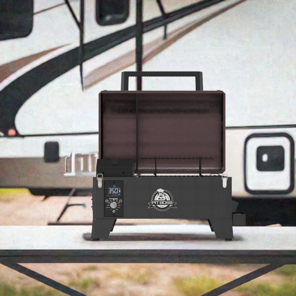 Pit Boss 150PPS Table Top Pellet Grill with lid open