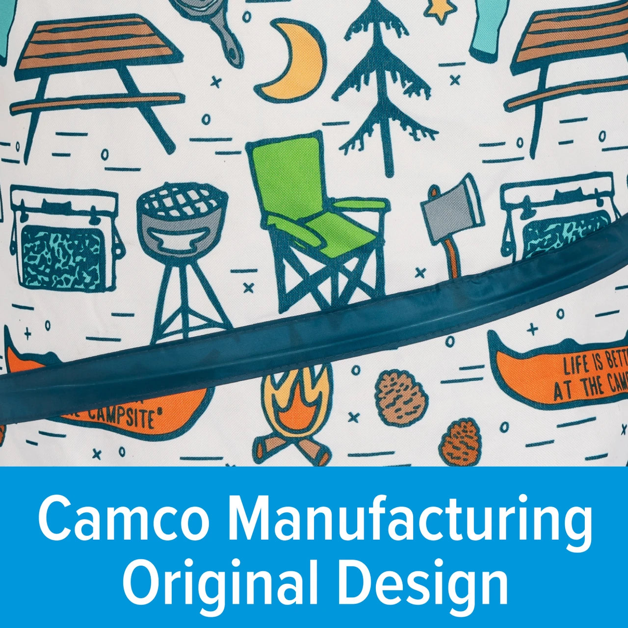 A close-up of a printed fabric or material featuring a campsite-themed illustration pattern, including a green folding chair, campfire, grill, trees, and orange campsite signs on an off-white background. A blue banner at the bottom reads 'Camco Manufacturing Original Design.