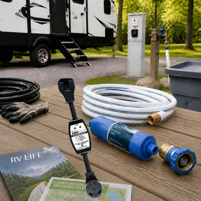 RV surge protector, water filter, and pressure regulator protecting an RV at a campground utility connection.