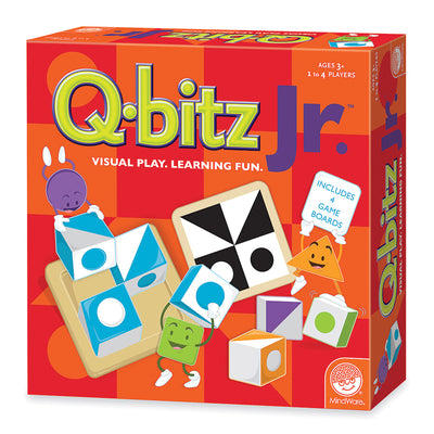 Q-bitz Jr. pattern matching game for ages 3 to 8 with colorful cubes and wooden trays