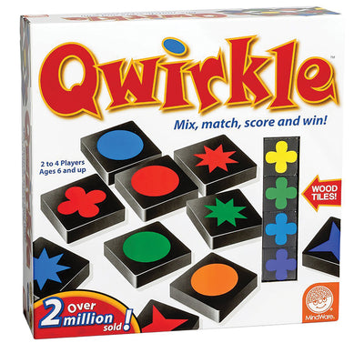 Qwirkle game set with wooden tiles, drawstring bag, and bilingual packaging for ages 6+