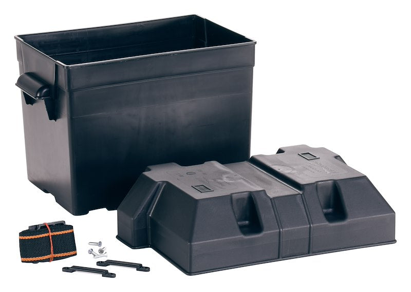 Black vented battery case for RV with mounting kit