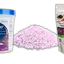 A white tub of Climatron dehumidifier pellets with a blue lid, a pile of small pinkish-white pellets in the center, and a bag of Rodent X-Away Pest Control in a white stand-up pouch with a green and red label.