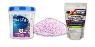 A white tub of Climatron dehumidifier pellets with a blue lid, a pile of small pinkish-white pellets in the center, and a bag of Rodent X-Away Pest Control in a white stand-up pouch with a green and red label.