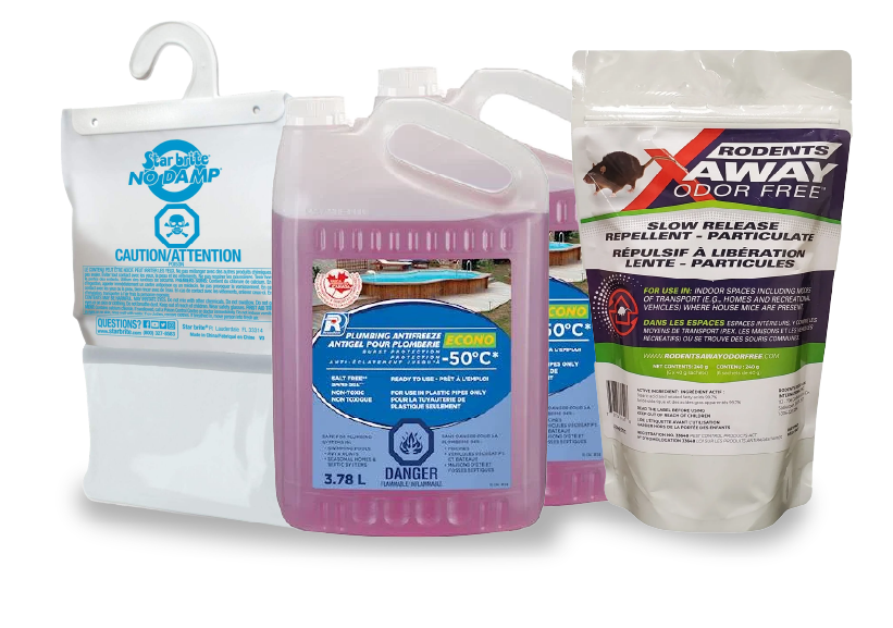 Collection of pest control products including a bag, a bottle, and a container on a white background.