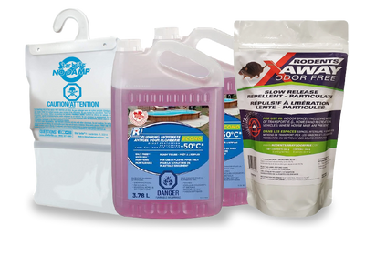 Collection of pest control products including a bag, a bottle, and a container on a white background.