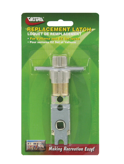 A replacement latch for Valterra and Exxon locks, displayed in a clear plastic packaging with a green background. The latch appears to be made of metal and plastic components.