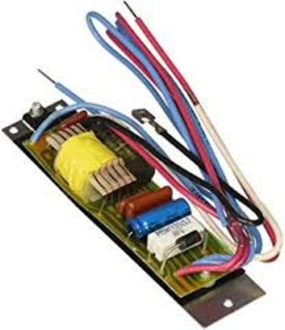 A ballast with various colored wires, including red, blue, yellow, and black, with connectors and a transformer.