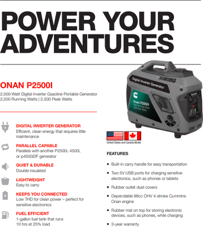 Onan P2500I Inverter Portable Generator