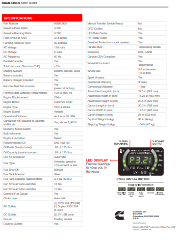 Cummins ONAN P4500I Inverter Portable Generator***