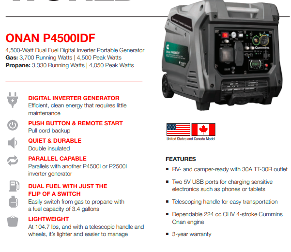 ONAN P4500iDF Dual-Fuel Inverter Portable Generator
