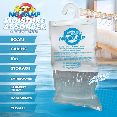 Star brite No Damp moisture absorber packaging with product usage information on a blue background