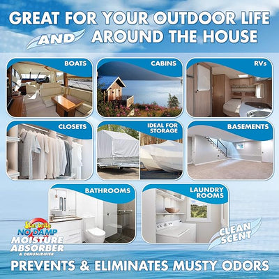 Advertisement for a no-damp moisture absorber with images of boats, cabins, RVs, closets, storage areas, bathrooms, and laundry rooms.