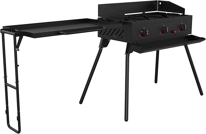 Black portable camping stove with grill on a white background