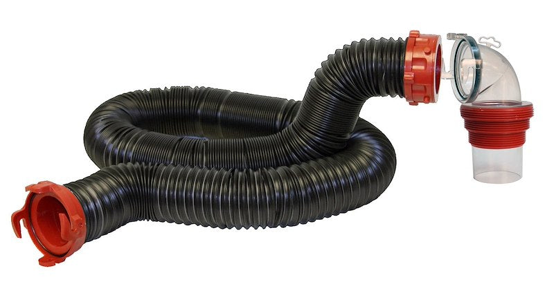 Close-up of Valterra Dominator 15-Foot RV Sewer Hose with red fittings