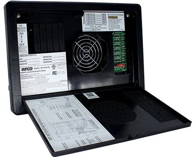 Black electronic control panel with labeled components on a white background