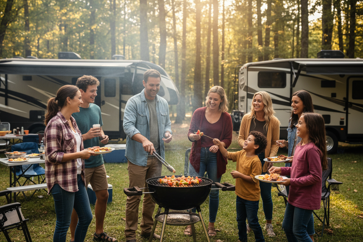A family or group of friends cooking on a portable RV grill at a campsite, smiling and interacting, food roasting on skewers or hot dogs, RVs in the background, warm natural daylight, joyful and lively outdoor camping scene, realistic and cinematic.