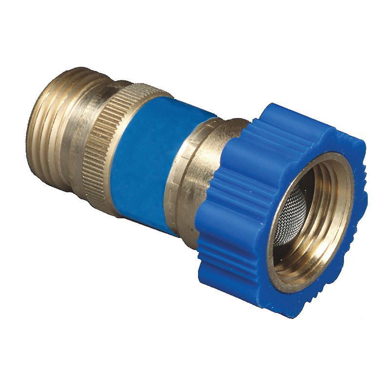 Lead-free adjustable water pressure regulator designed to protect RV plumbing systems.