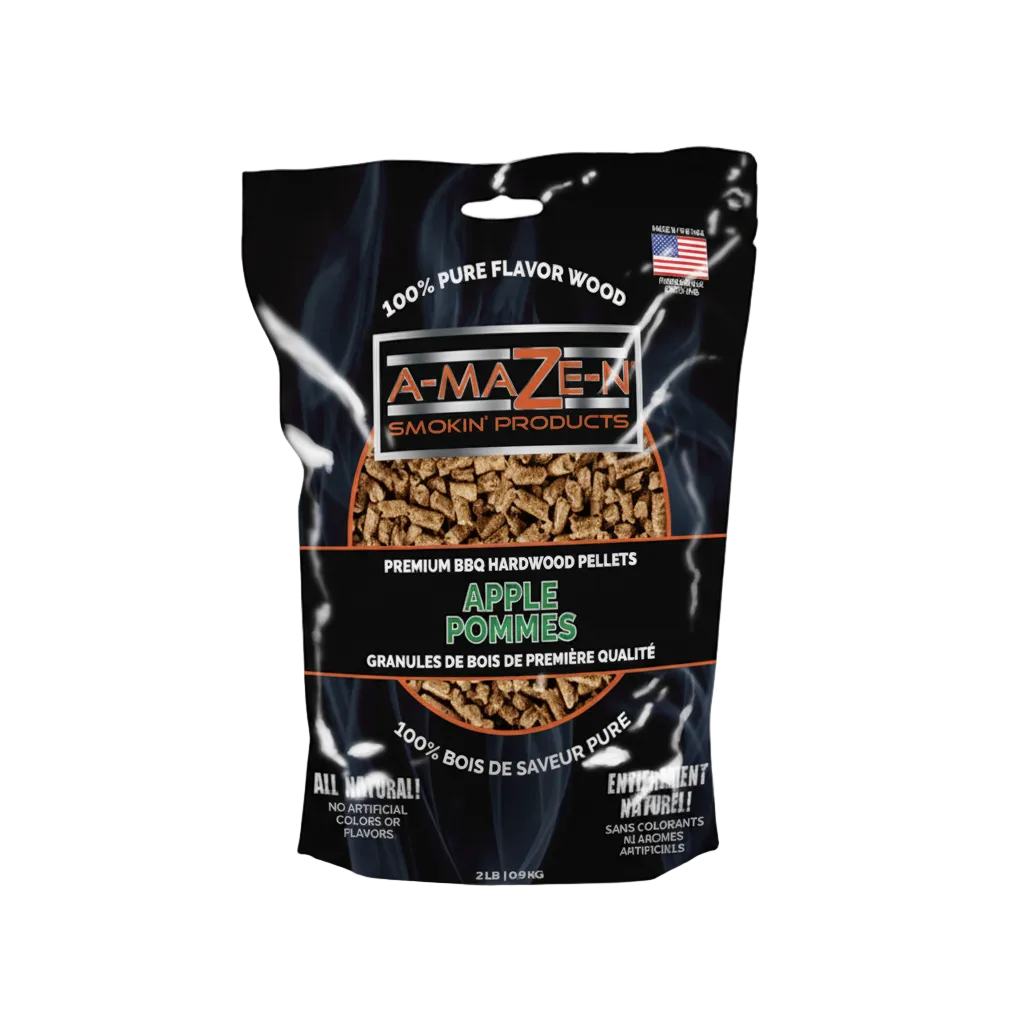 A bag of A-MAZE-N brand premium BBQ wood pellets with a flavor of apple. The bag is black with white and orange text, featuring an image of apple slices and pellets.