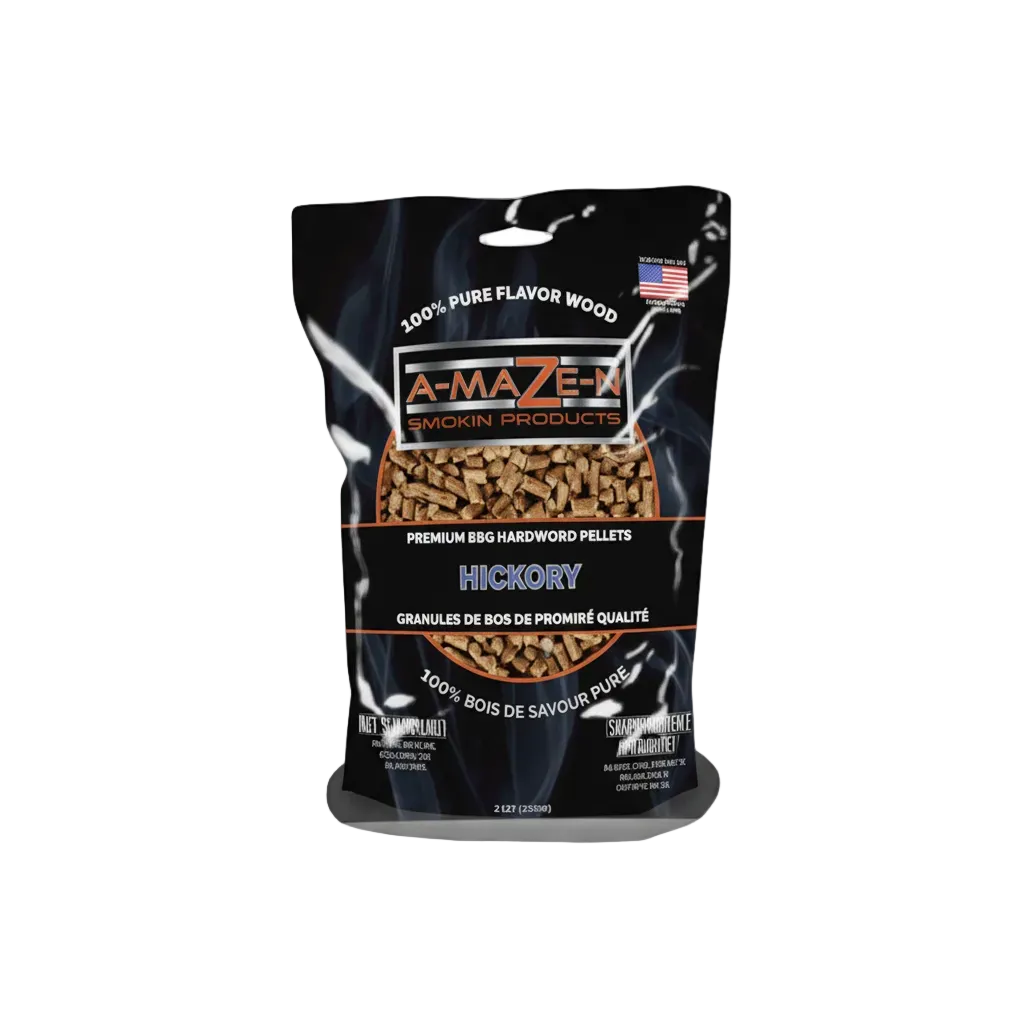A bag of A-MAZE-N Hickory Wood Pellets, 2lbs, primarily black and blue in color with a picture of hickory wood chunks on the front.