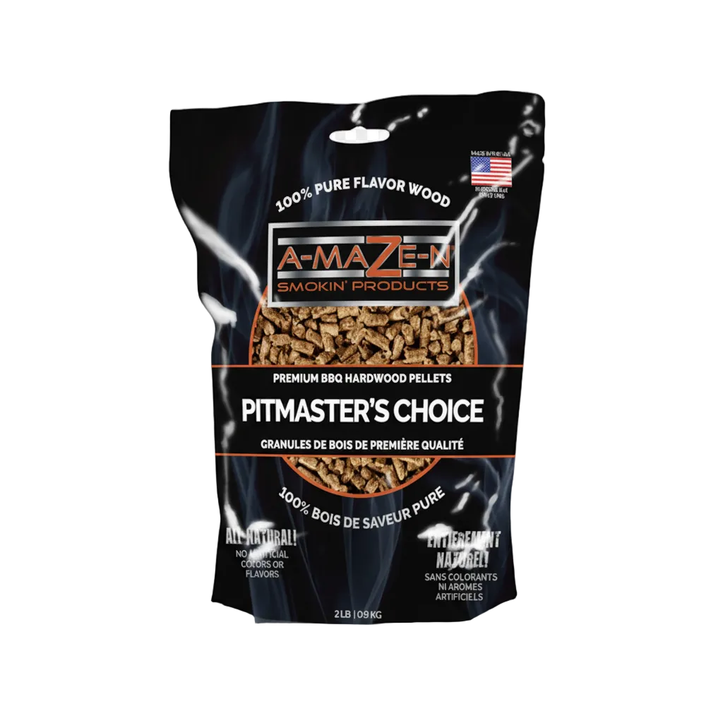 A-MAZE-N brand Pitmaster's Choice wood pellets packaging, black background with product name and brand prominently displayed.