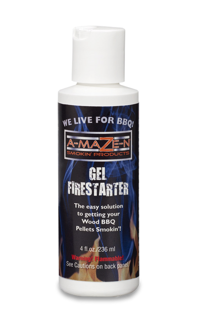 A bottle of Smoker Fire Gel with a white cap, labeled as A-MAZE-N Gel Fire Starter, 4OZ size.