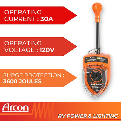 Orange electrical surge protector with specifications and Arcon branding on a white background
