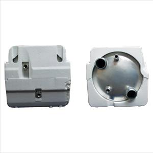 Two views of a silver aluminum water heater inner tank replacement, one showing the front with electrical connectors and the other showing the back.