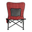 A red and black checkered mesh chair with a steel frame, featuring a side cup holder and a carry bag.