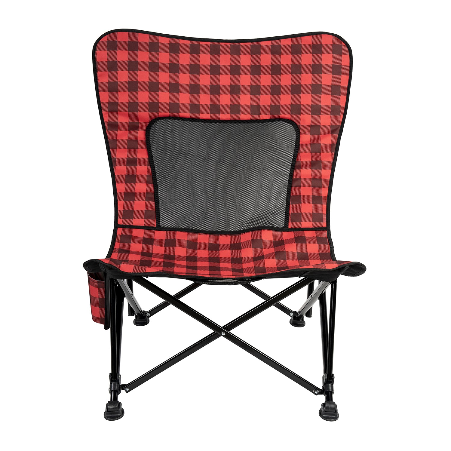 A red and black checkered mesh chair with a steel frame, featuring a side cup holder and a carry bag.