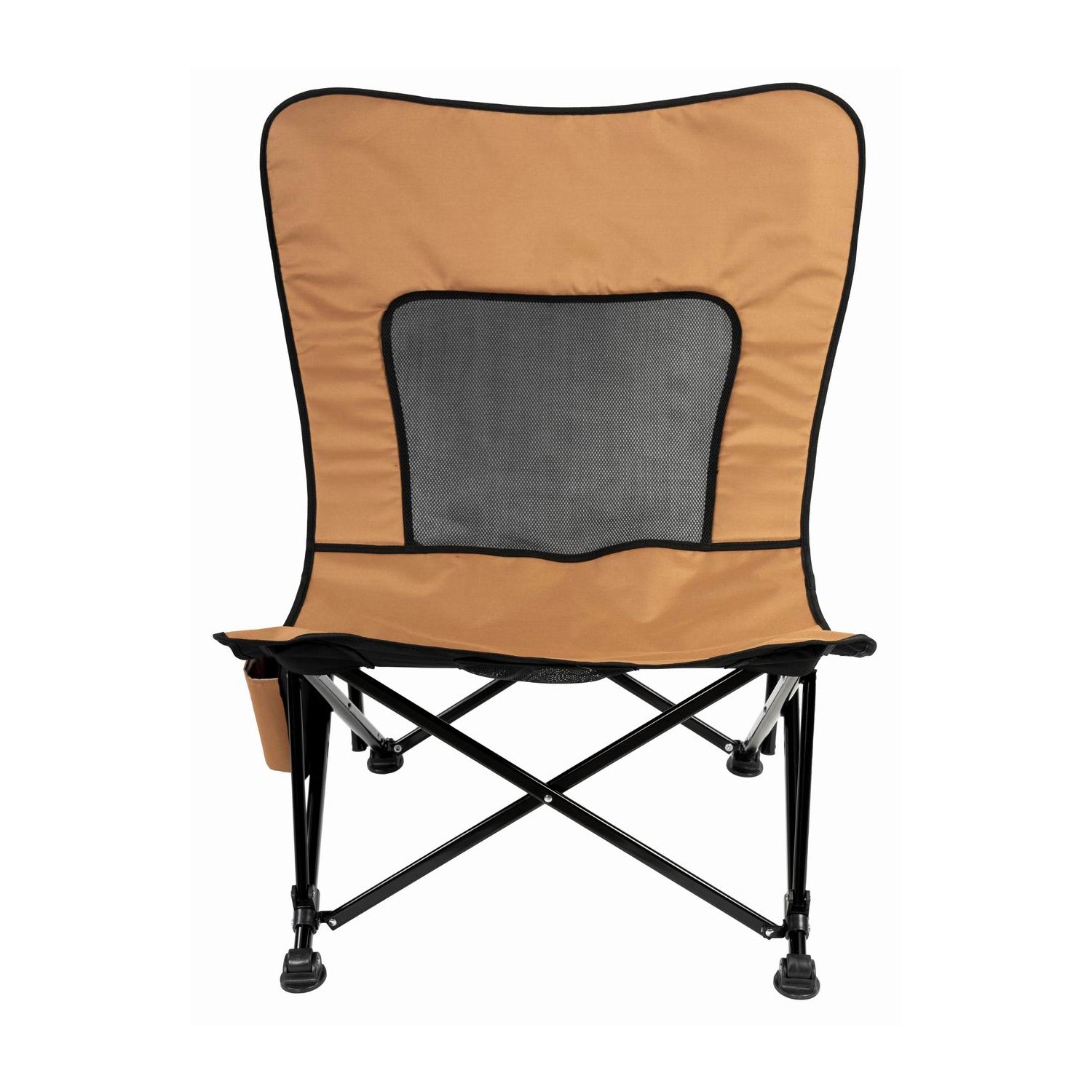 Brown camping chair with a gray mesh back on a white background