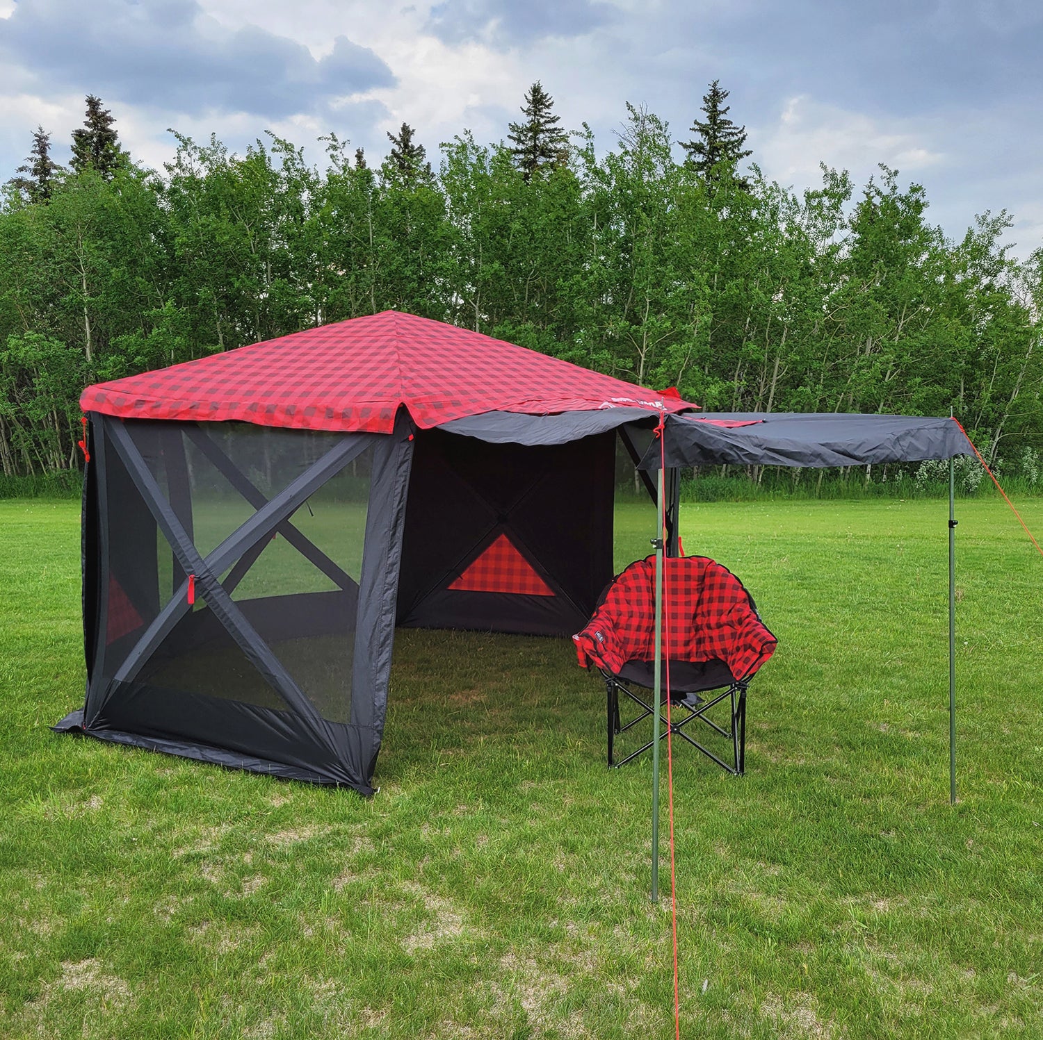 Adjustable awning pole supporting gazebo awning