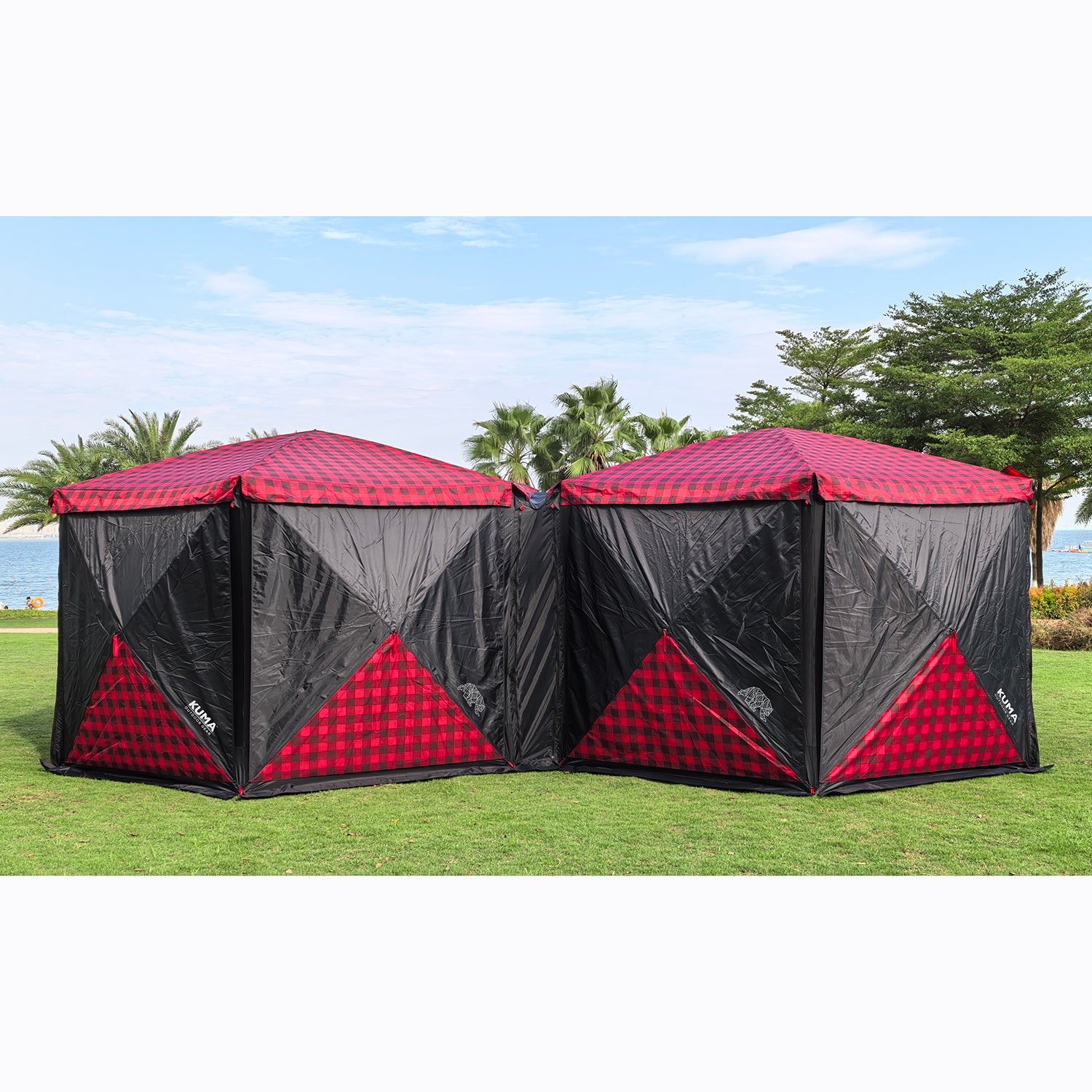Side-by-side Bear Den Gazebos connected with gusset