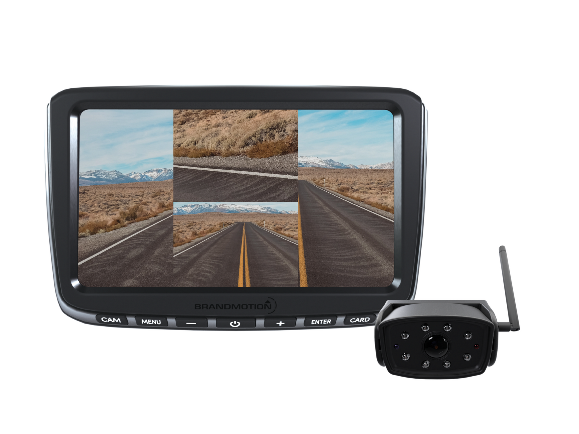 A 7-inch HD display of a Brandmotion wireless observation camera system with a view of a road and a rear camera showing the same road.