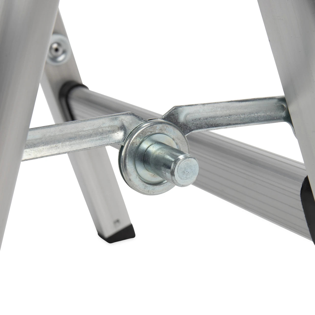 Close-up of a metal step stool central hub on a white background
