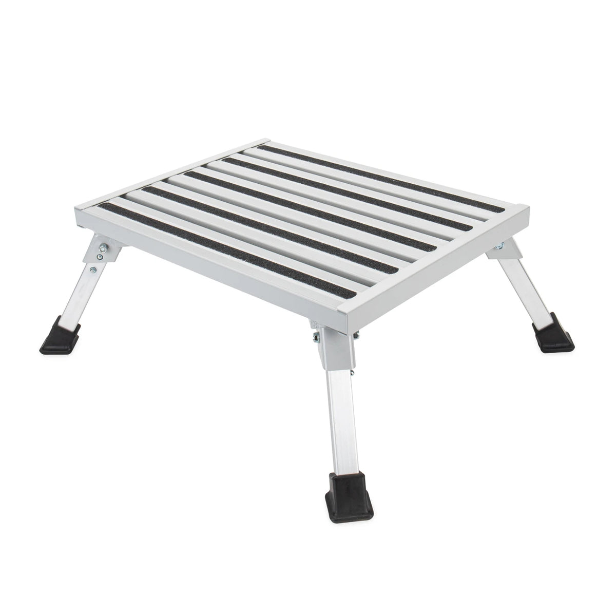 A portable aluminum step stool with a slatted metal platform and four adjustable legs, shown on a plain white background.