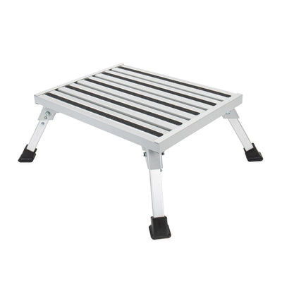 A portable aluminum step stool with a slatted metal platform and four adjustable legs, shown on a plain white background.