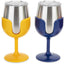 Four stainless steel wine glasses with colorful silicone stem covers in green, yellow, blue, and red, shown on a white background.